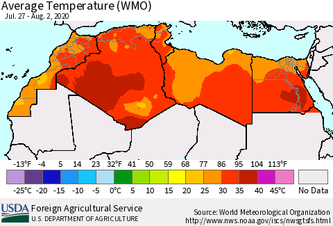 North Africa Average Temperature (WMO) Thematic Map For 7/27/2020 - 8/2/2020