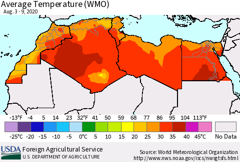North Africa Average Temperature (WMO) Thematic Map For 8/3/2020 - 8/9/2020