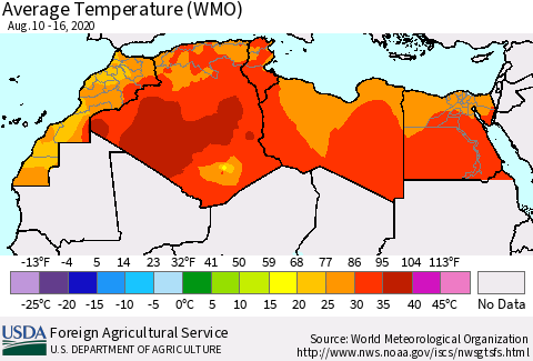 North Africa Average Temperature (WMO) Thematic Map For 8/10/2020 - 8/16/2020
