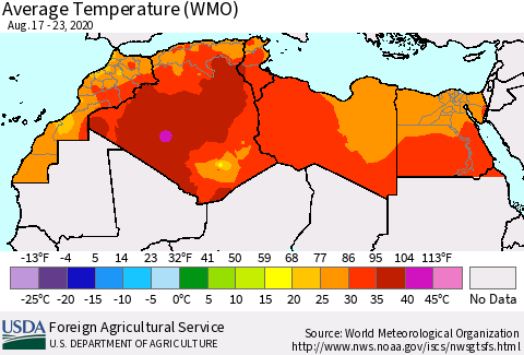 North Africa Average Temperature (WMO) Thematic Map For 8/17/2020 - 8/23/2020