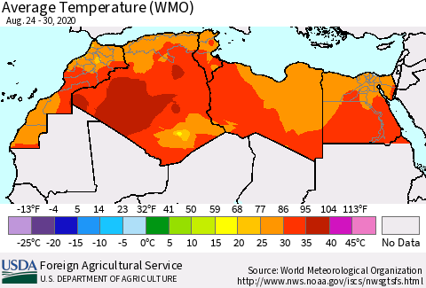 North Africa Average Temperature (WMO) Thematic Map For 8/24/2020 - 8/30/2020