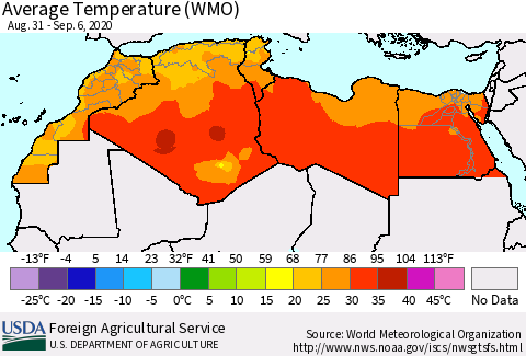 North Africa Average Temperature (WMO) Thematic Map For 8/31/2020 - 9/6/2020