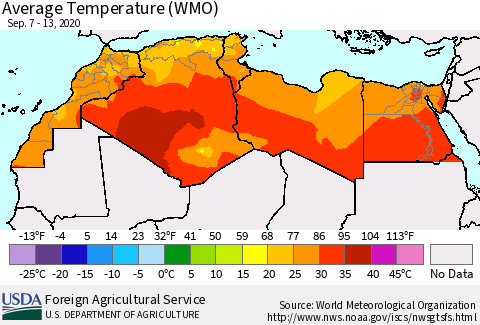 North Africa Average Temperature (WMO) Thematic Map For 9/7/2020 - 9/13/2020