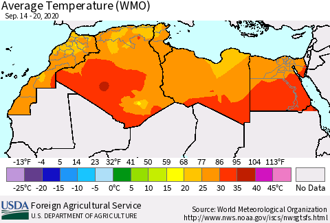 North Africa Average Temperature (WMO) Thematic Map For 9/14/2020 - 9/20/2020