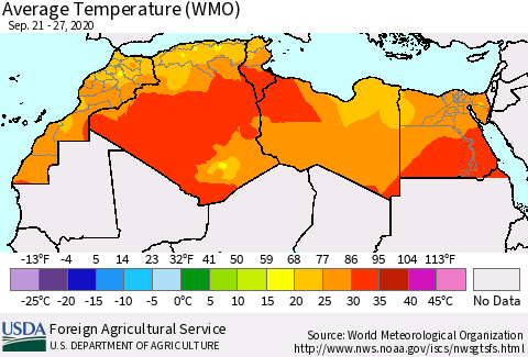 North Africa Average Temperature (WMO) Thematic Map For 9/21/2020 - 9/27/2020