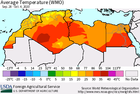 North Africa Average Temperature (WMO) Thematic Map For 9/28/2020 - 10/4/2020