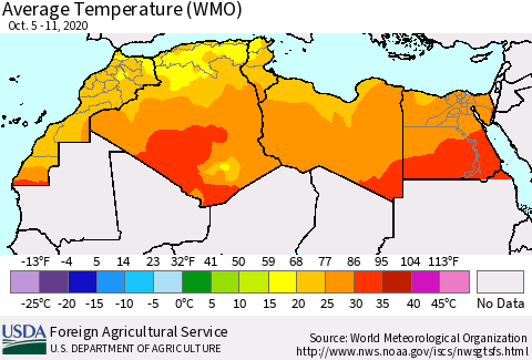 North Africa Average Temperature (WMO) Thematic Map For 10/5/2020 - 10/11/2020