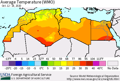 North Africa Average Temperature (WMO) Thematic Map For 10/12/2020 - 10/18/2020