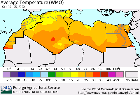 North Africa Average Temperature (WMO) Thematic Map For 10/19/2020 - 10/25/2020