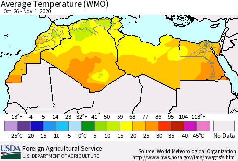 North Africa Average Temperature (WMO) Thematic Map For 10/26/2020 - 11/1/2020