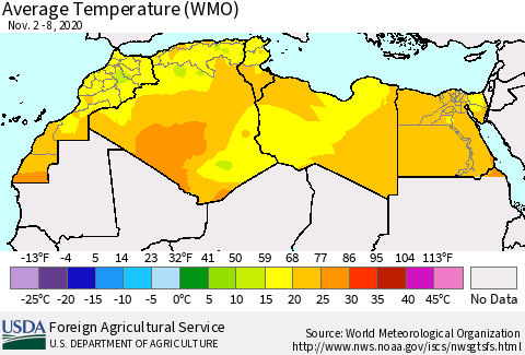 North Africa Average Temperature (WMO) Thematic Map For 11/2/2020 - 11/8/2020