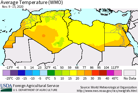 North Africa Average Temperature (WMO) Thematic Map For 11/9/2020 - 11/15/2020