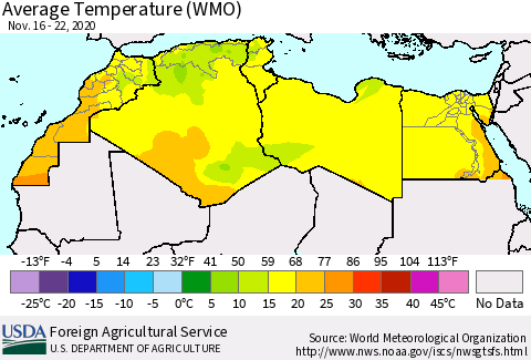 North Africa Average Temperature (WMO) Thematic Map For 11/16/2020 - 11/22/2020