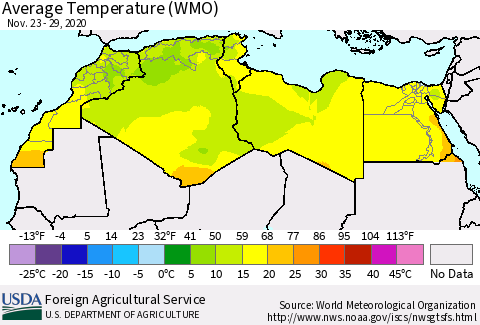 North Africa Average Temperature (WMO) Thematic Map For 11/23/2020 - 11/29/2020
