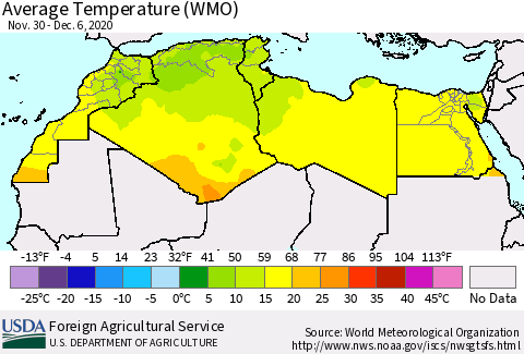 North Africa Average Temperature (WMO) Thematic Map For 11/30/2020 - 12/6/2020