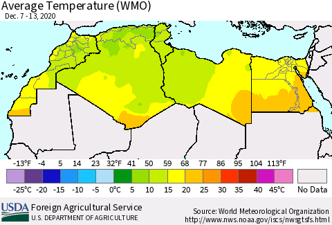 North Africa Average Temperature (WMO) Thematic Map For 12/7/2020 - 12/13/2020