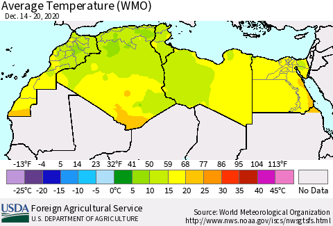 North Africa Average Temperature (WMO) Thematic Map For 12/14/2020 - 12/20/2020