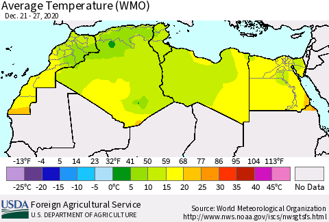 North Africa Average Temperature (WMO) Thematic Map For 12/21/2020 - 12/27/2020