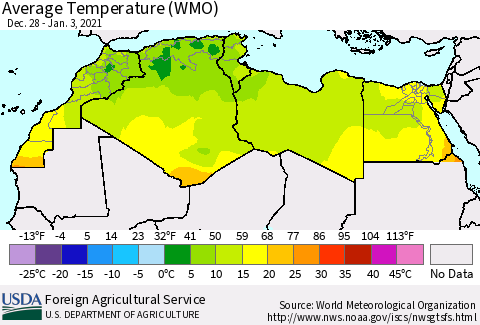 North Africa Average Temperature (WMO) Thematic Map For 12/28/2020 - 1/3/2021