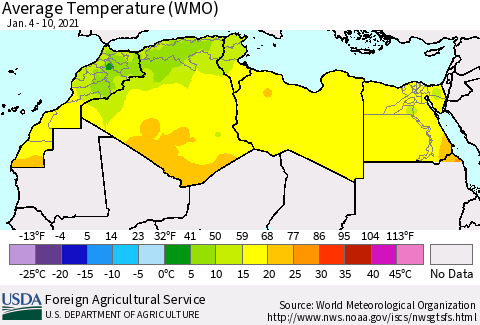 North Africa Average Temperature (WMO) Thematic Map For 1/4/2021 - 1/10/2021