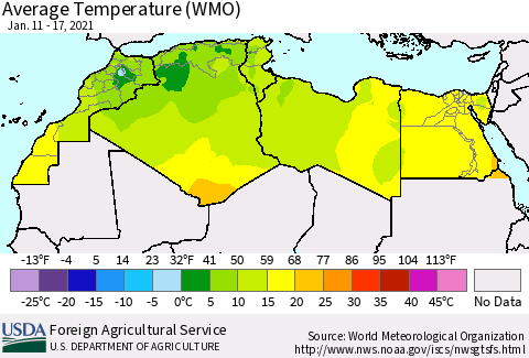 North Africa Average Temperature (WMO) Thematic Map For 1/11/2021 - 1/17/2021