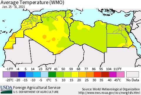 North Africa Average Temperature (WMO) Thematic Map For 1/25/2021 - 1/31/2021