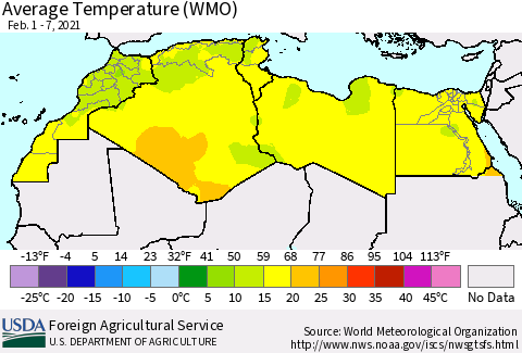North Africa Average Temperature (WMO) Thematic Map For 2/1/2021 - 2/7/2021