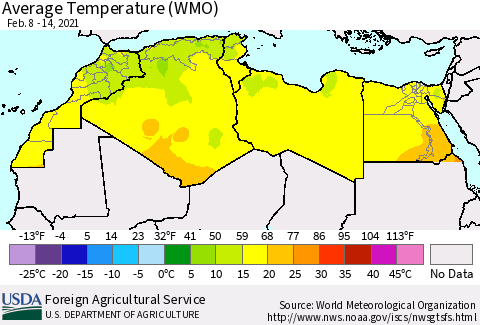 North Africa Average Temperature (WMO) Thematic Map For 2/8/2021 - 2/14/2021
