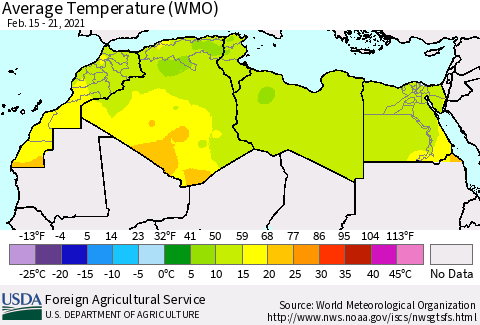 North Africa Average Temperature (WMO) Thematic Map For 2/15/2021 - 2/21/2021