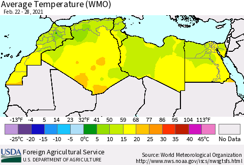 North Africa Average Temperature (WMO) Thematic Map For 2/22/2021 - 2/28/2021