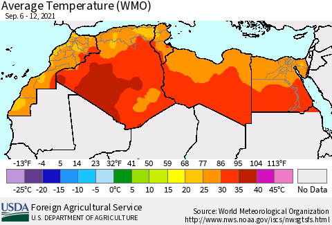 North Africa Average Temperature (WMO) Thematic Map For 9/6/2021 - 9/12/2021