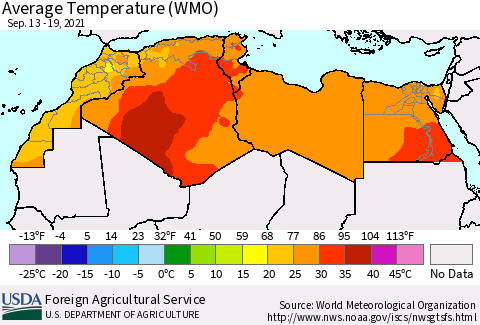 North Africa Average Temperature (WMO) Thematic Map For 9/13/2021 - 9/19/2021