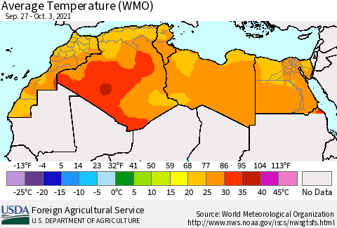 North Africa Average Temperature (WMO) Thematic Map For 9/27/2021 - 10/3/2021