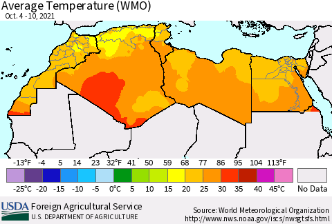North Africa Average Temperature (WMO) Thematic Map For 10/4/2021 - 10/10/2021