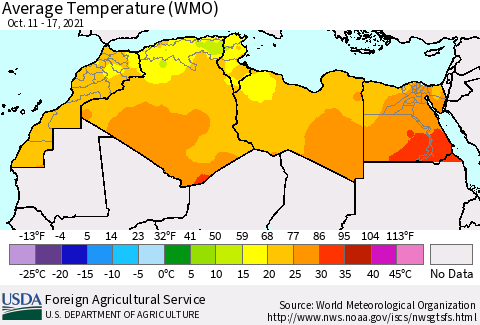 North Africa Average Temperature (WMO) Thematic Map For 10/11/2021 - 10/17/2021