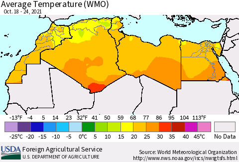 North Africa Average Temperature (WMO) Thematic Map For 10/18/2021 - 10/24/2021