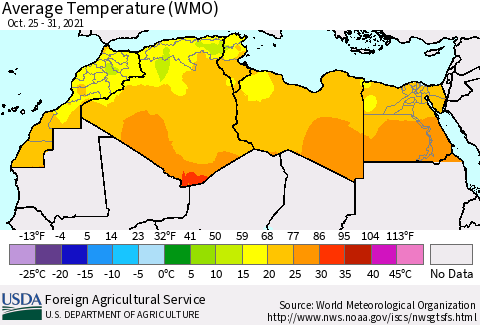 North Africa Average Temperature (WMO) Thematic Map For 10/25/2021 - 10/31/2021