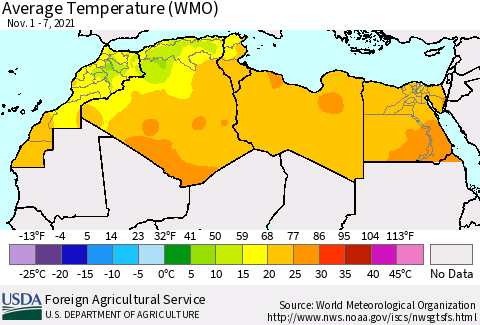 North Africa Average Temperature (WMO) Thematic Map For 11/1/2021 - 11/7/2021