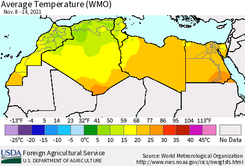 North Africa Average Temperature (WMO) Thematic Map For 11/8/2021 - 11/14/2021