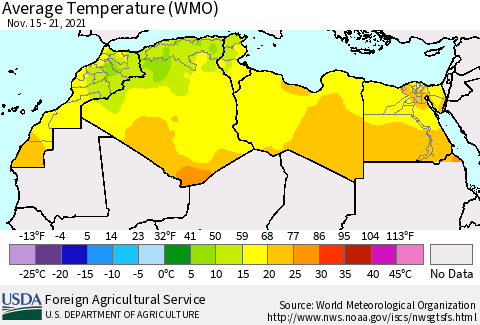 North Africa Average Temperature (WMO) Thematic Map For 11/15/2021 - 11/21/2021