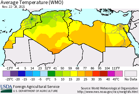 North Africa Average Temperature (WMO) Thematic Map For 11/22/2021 - 11/28/2021