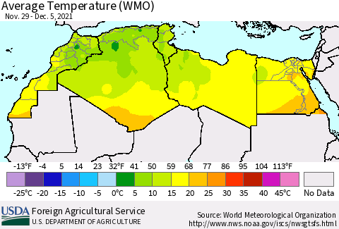 North Africa Average Temperature (WMO) Thematic Map For 11/29/2021 - 12/5/2021