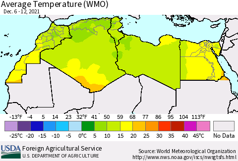 North Africa Average Temperature (WMO) Thematic Map For 12/6/2021 - 12/12/2021