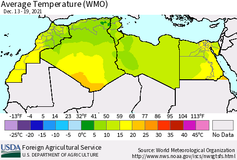 North Africa Average Temperature (WMO) Thematic Map For 12/13/2021 - 12/19/2021