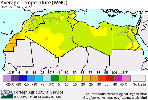 North Africa Average Temperature (WMO) Thematic Map For 12/27/2021 - 1/2/2022