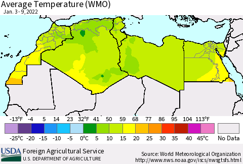 North Africa Average Temperature (WMO) Thematic Map For 1/3/2022 - 1/9/2022