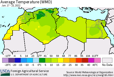 North Africa Average Temperature (WMO) Thematic Map For 1/17/2022 - 1/23/2022