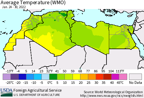 North Africa Average Temperature (WMO) Thematic Map For 1/24/2022 - 1/30/2022