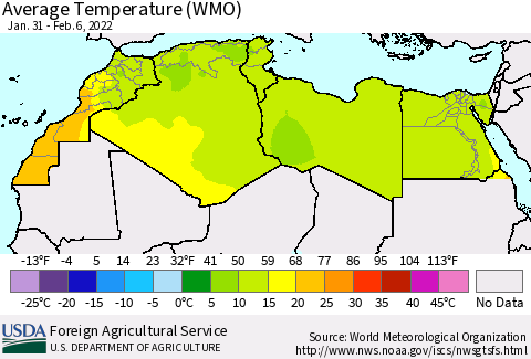 North Africa Average Temperature (WMO) Thematic Map For 1/31/2022 - 2/6/2022