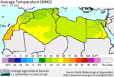 North Africa Average Temperature (WMO) Thematic Map For 2/7/2022 - 2/13/2022